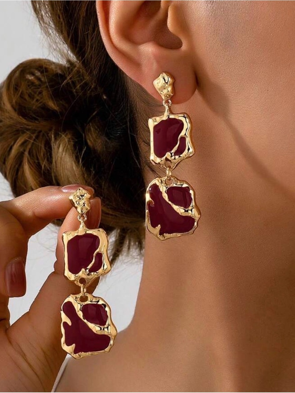 Gold Drop Earrings with Burgundy Inlay